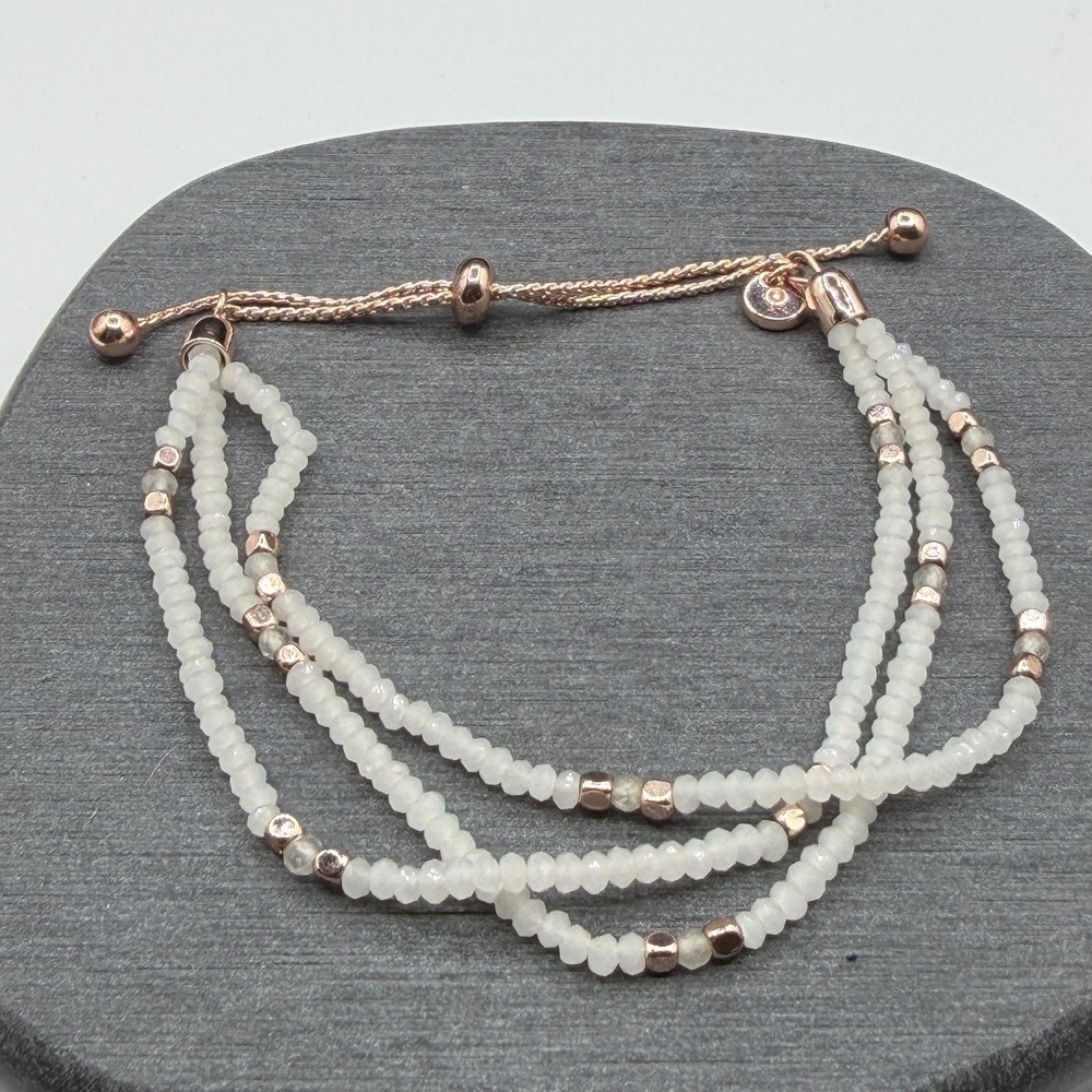 White Faceted Bead 3 Strand Bracelet Rose Gold Tone Adjustable Bolo Slider Gift